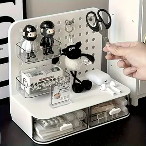 Thick Plastic Pegboard Storage Box with Pen Holder and Drawers, stable splicing, strong load-bearing, stackable without wobble, smooth drawers and easy to clean, ideal for office and home, display figures and organize accessories.