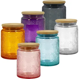 8 oz Decorative Glass Jars with Bamboo Lids, Multi-Color 6 Pack Vintage Food Storage Pantry Organization Containers, Home Decor Candle Making DIY Wedding Party Favors Holiday Gifts