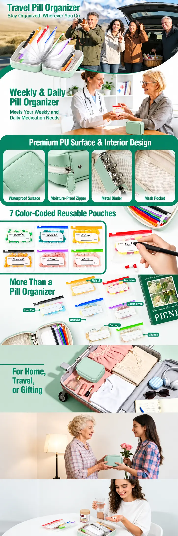 Mini Fish Pills A7 Large Waterproof Pill Pouch Organizer with 14 Color-Coded Zipper ...