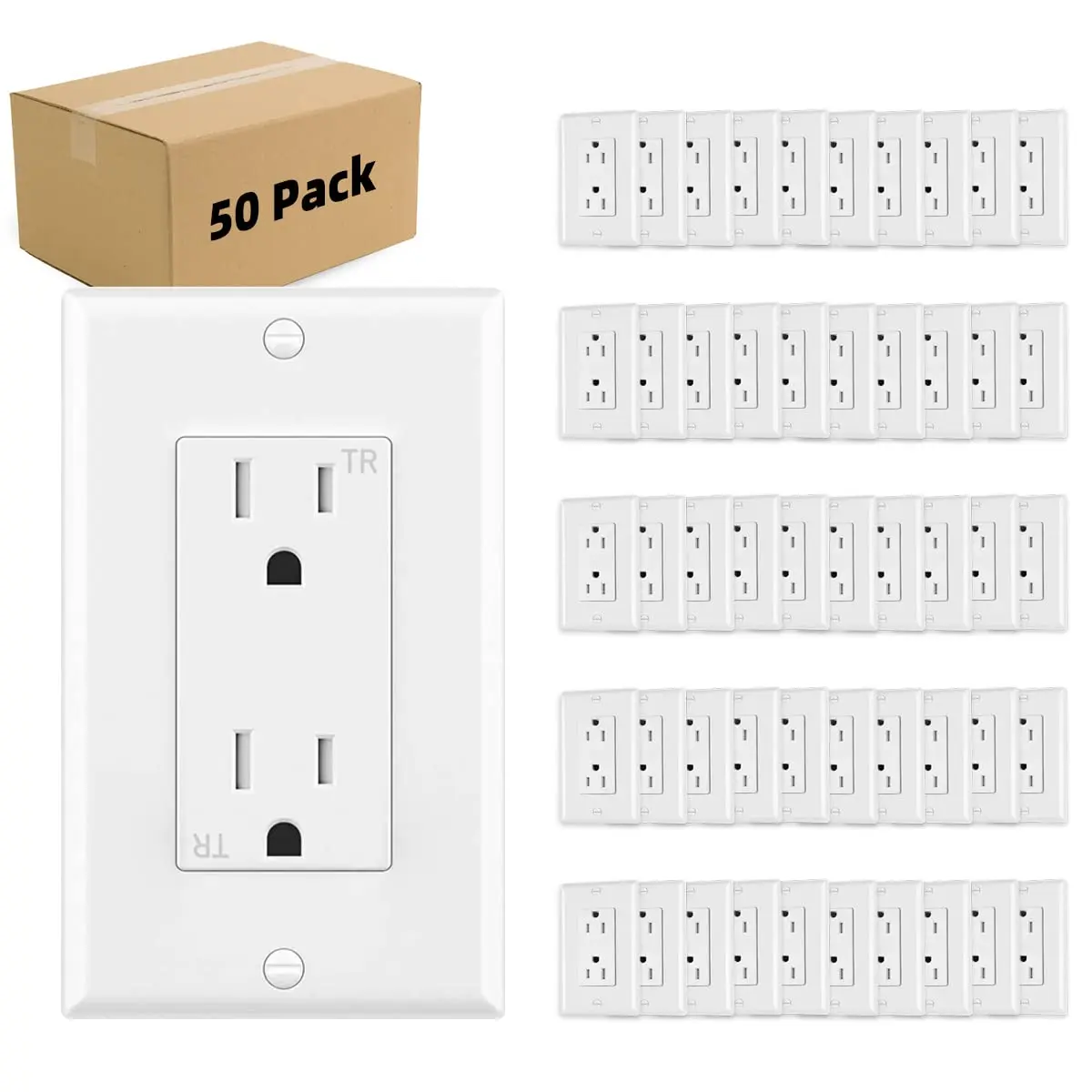 Outlet Socket, Decorator Receptacle, 15 Amp, 125 , Tamper Resistant, TR Grounding with Wall Plates UL Listed White 50pack (15A)