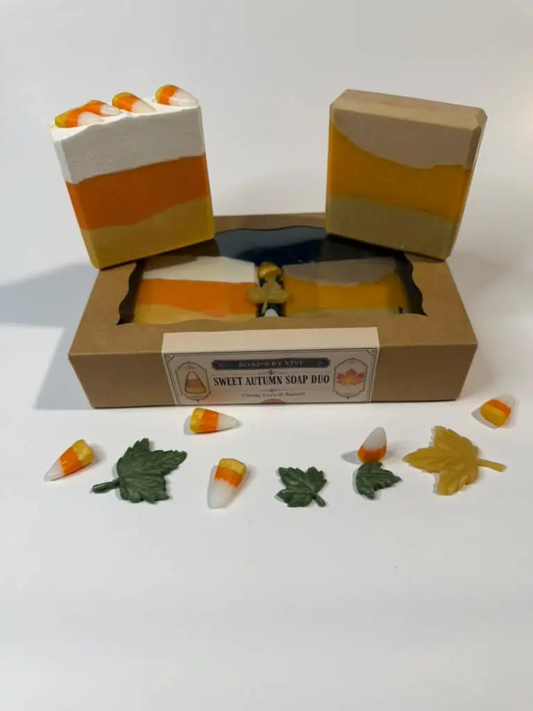 Vivi's Sweet Autumn Handmade Soap Duo, Candy Corn & Sunset Scents (Pineapple Mango, Harvest Spice), 4 oz Each, Miami-Made, Kraft Gift Box Hand & Body Soap