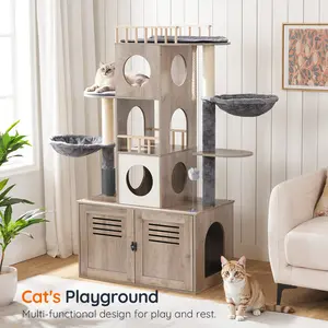 HOOBRO Cat Tree with Litter Box Enclosure, 31.5" L x 17.7" W x 57" H, Cat Tower with Hidden Litter Box, Cat Furniture for Indoor Cats, Cat Condos, Scratching Posts, Hammocks, Greige