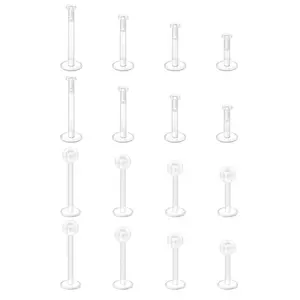 16-Piece Clear Labret Stud Set, Flat Back Piercing Retainers in 4 Different Lengths, With Two Top Styles, Durable Jewelry for Lip, Tragus & Cartilage Piercings