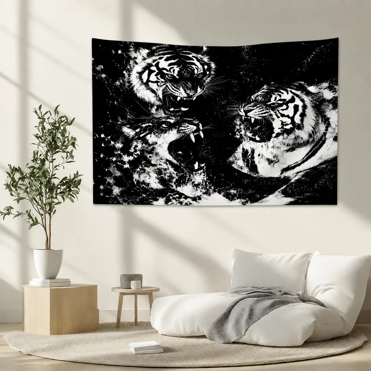 Black and White Tiger Tapestry Wall Hanging, Fierce Tiger Artwork Decorative Wall Tapestry, Modern Animal Print Home Decor for Bedroom Living Room