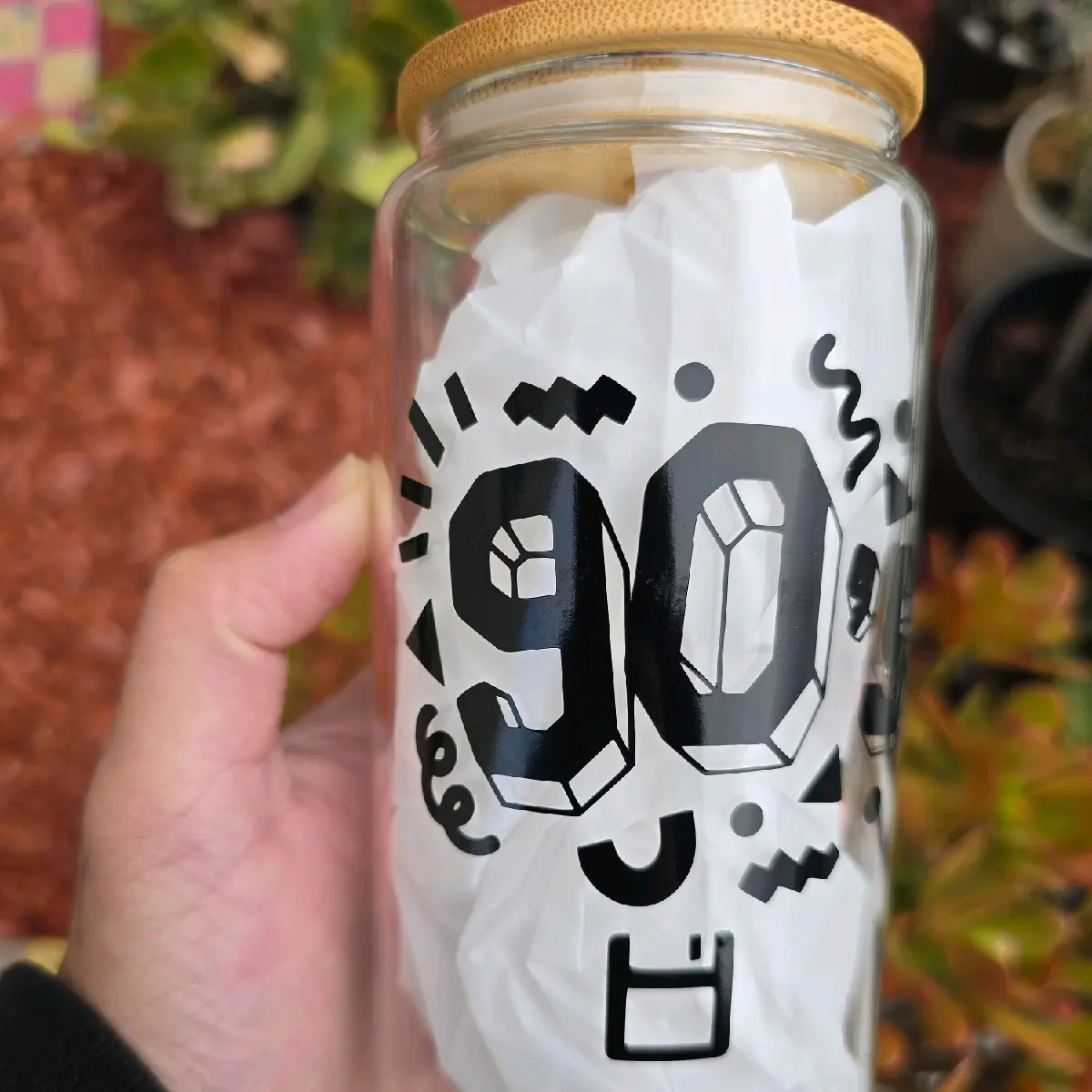 90s cup with floppy disc- 16 oz glass cup with lid and straw - vinyl design Portable Customized xmas tumbler