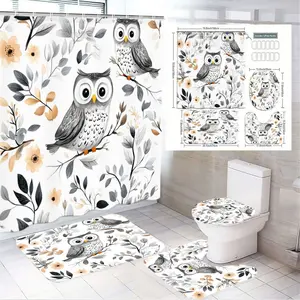 1/4pcs Owl & Floral Shower Curtain Set, White with Gray Owls, Orange Feet, Yellow Flowers, Brown Twigs - Matching Toilet Seat Cover, Rectangular & Curved Floor Mats - Whimsical Nature-Inspired Bathroom Decor, Perfect for Spring, Easter, Housewarmin