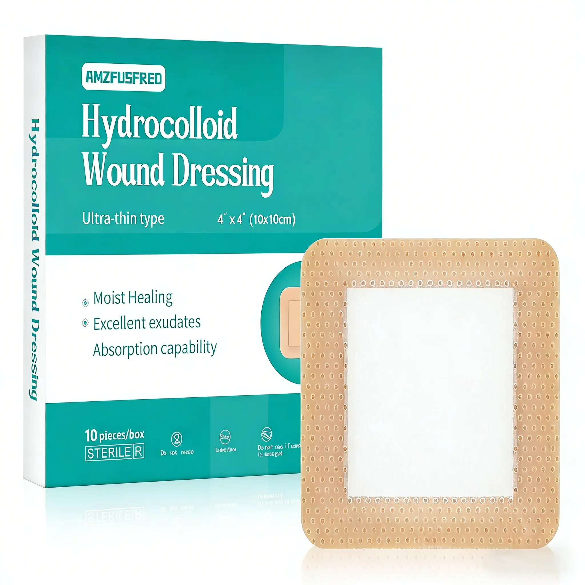 Amzfusfred Silicone Foam Dressing for Wound Care, Waterproof Healthcare Bandages with High Exudate Absorption for Sensitive Skin, 4x4 Inch, 10 Pack, Medical Accessories, Excellent Exudates Absorption Capability, 2.5 Inches Internal Pad, 4 X 4 Inch