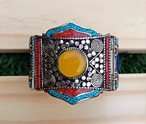 Antique Tibetan Cuff Bracelet: Aqeeq, Turquoise, Coral & Silver