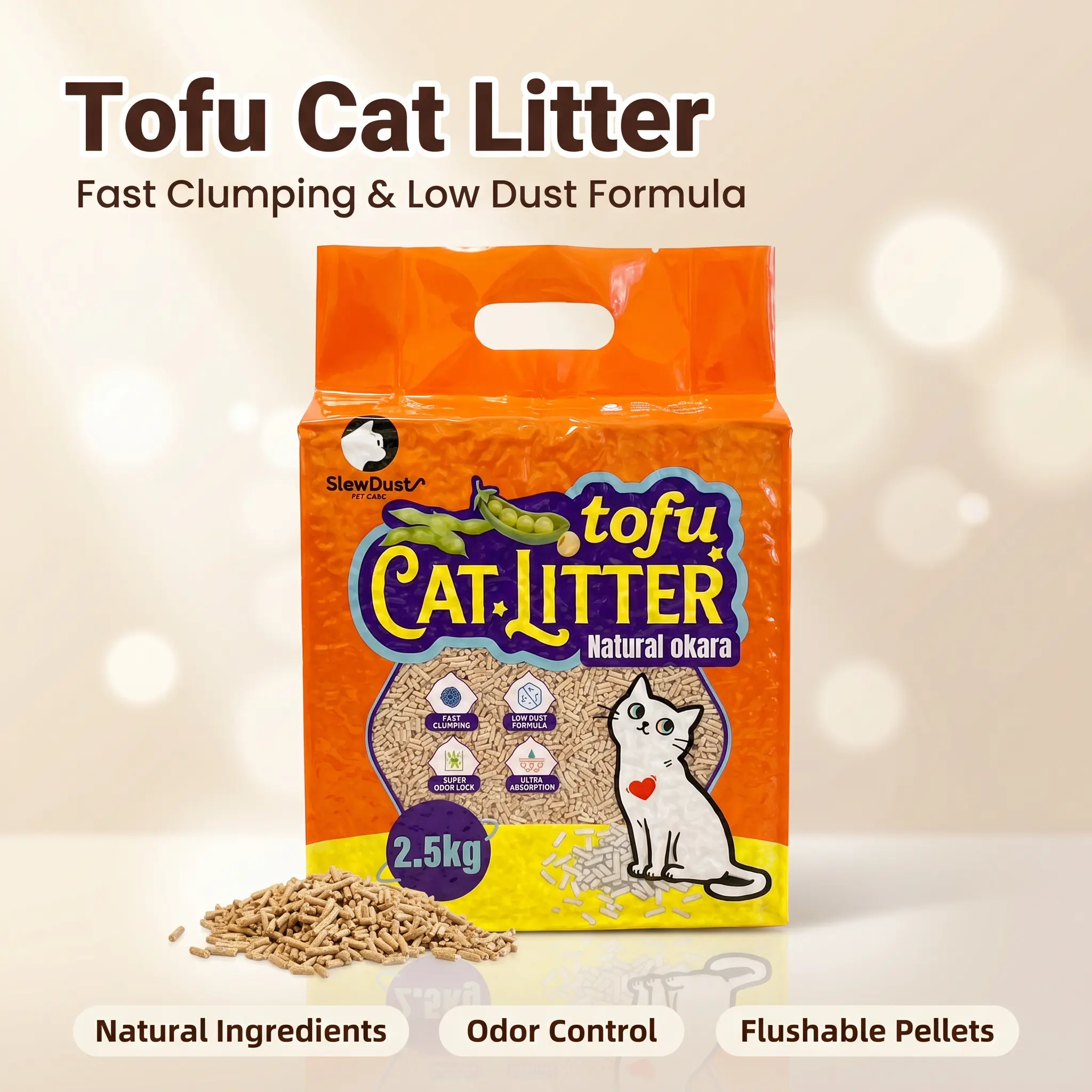 Tofu cat litter|Slowdust tofu cat litter|Fast Clumping,Odor Control,Low Tracking,Flushable cat litter,99% dust free,Perfect for kittens, safe & healthy,2.5KG natural ingredients tofu cat-litter, Plant-Based okara & Pea Fiber