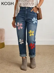 KCGH Plus Size Womenswear Floral Embroidered Girlfriend Jeans Women Fall New Arrival Unique Fashion Straight Leg Slim Fit Cute Vibrant Casual Bottom Denim Pants