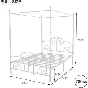 Full Size Four-Poster Metal Canopy Bed Frame with Headboard and Footboard Sturdy Slatted Structure No Box Spring Needed White