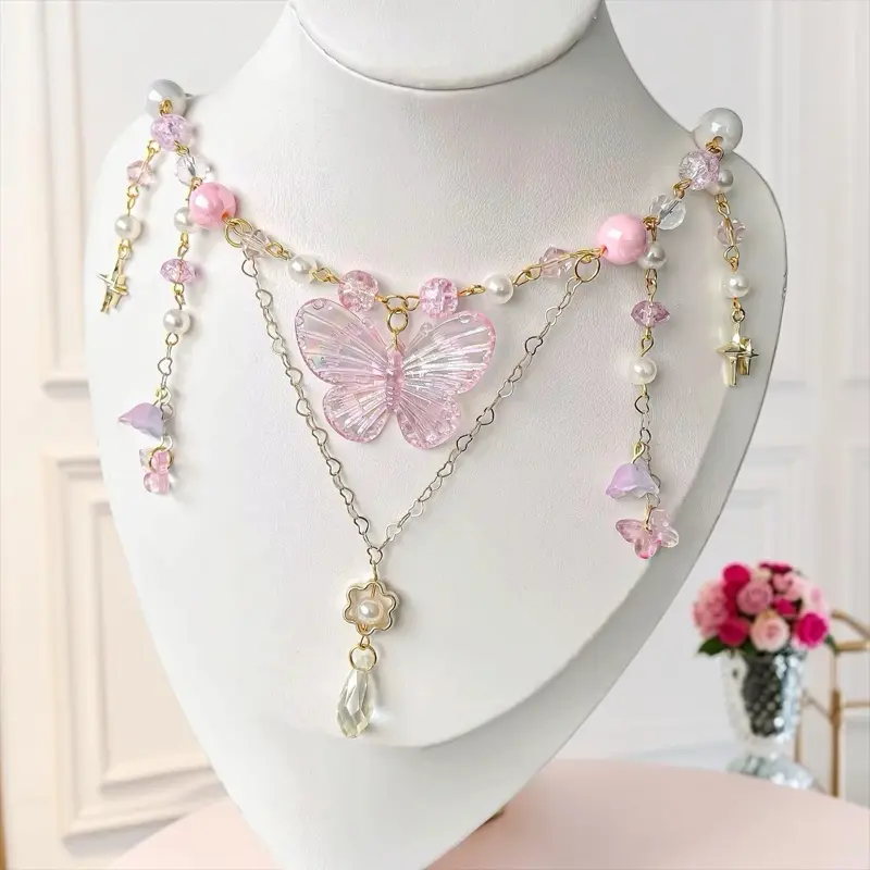 Pink Butterfly Pearl & Crystal Layered Charm Necklace – Fairycore Jewelry