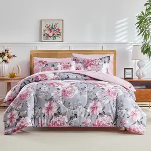 Bed in a Bag , 7 count Floral Comforter Sheet Set, Tie-dye Pink Flower on Gray, All Season Microfiber Bedding Set- 1 Comforter, 2 Pillow Shams, 1 Flat Sheet, 1 Fitted Sheet, 2 Pillowcases