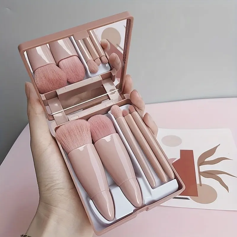 Portable Makeup Brush Set 5-Piece Travel Kit with Mirror, Mini Mirror Box, Multi-Functional Eyeshadow Brush Powder Brush, Makeup Brushes Kits