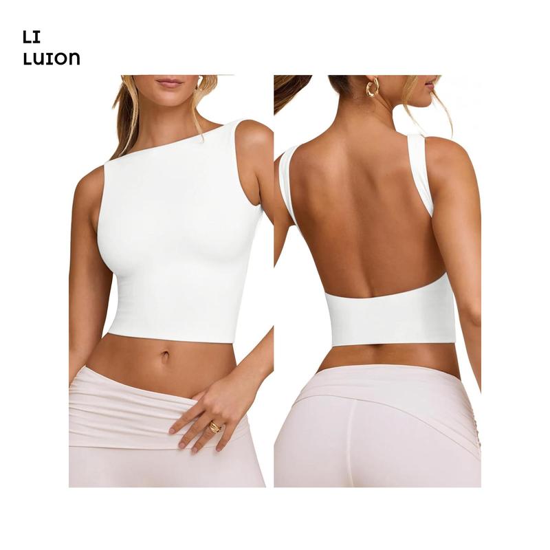 Women's Flexible Tank Tops CasualFit Boat Neck Sleeveless Open Back Solid Color Backless Shirt for Summer