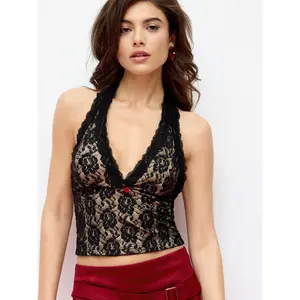 Cider Lace Halter Neck Top With Rose Detail