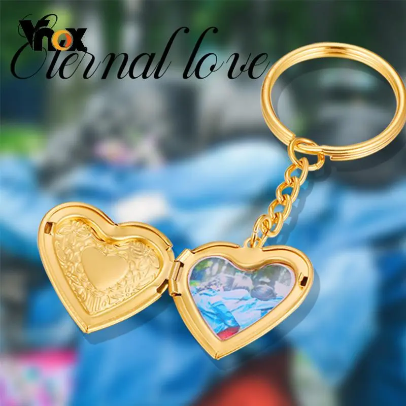 Vnox Po Customized Key Chain, Stainless Steel Heart Charm Image Insert Locket Keychain,Casual Romantic Unisex Women Accessory