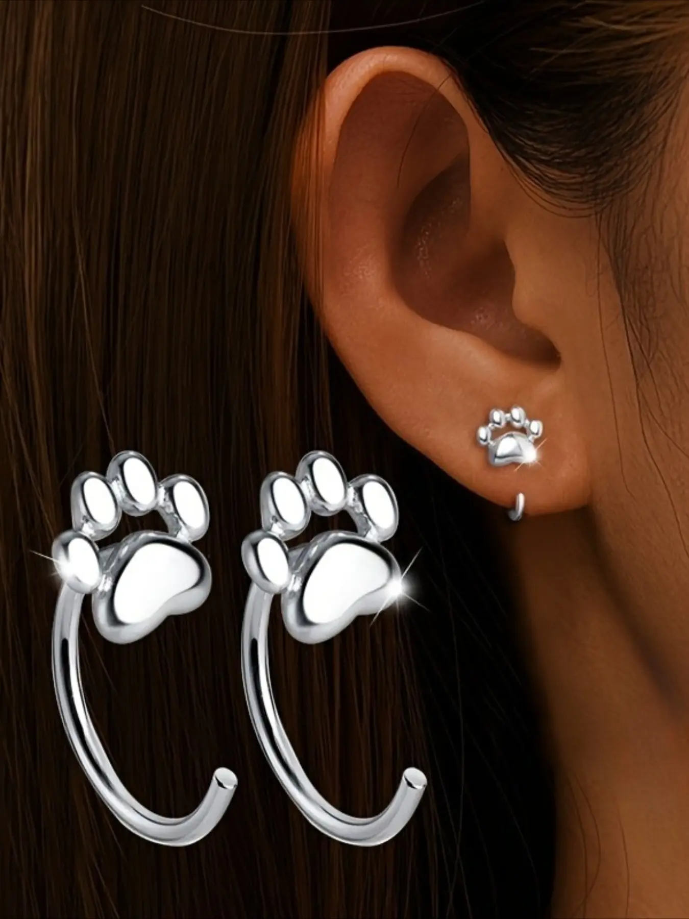 Pair of Cute Cat Paw Dangle Earrings, Earrings Dangling, Hypoallergenic Lightweight Earrings, Christmas Gift for Pet Lovers, All Occasion Jewelry, Playful Design, Unique Design Earrings, Sterling Silver Earrings, Hook Earrings