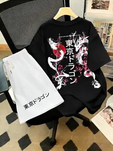 Men's Summer 2-Piece Set, Dragon Plum Blossom Print Round Neck Top, Breathable Short Sleeve Casual T-Shirt + Waist Drawstring Shorts