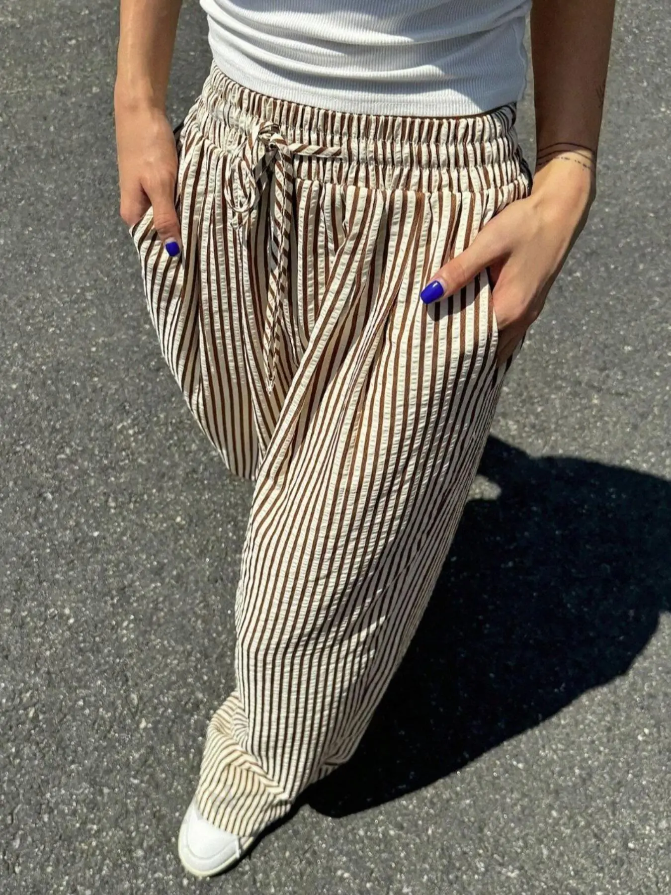 Women's Striped Print Drawstring Waist Pants, Casual Pocket Trousers for Daily Wear, Ladies Bottoms for All Seasons, Beach Daily Wear, Casual Fashion Bottoms