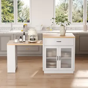 73" Rolling Kitchen Island with Extendable Table for 2‑6 Seaters, Mobile Storage Cart Featuring Drawer & Built‑in Power Outlet, Multi‑Functional Kitchen Workstation