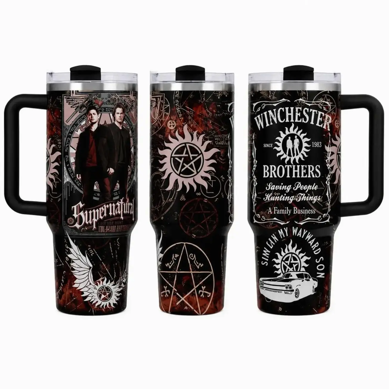 Supernatural Inspired 40oz Tumbler with Handle and Straw, Winchester Brothers Anti-Possession Symbol Insulated Travel Mug, Saving People Hunting Things Gift for Dean and Sam Fans