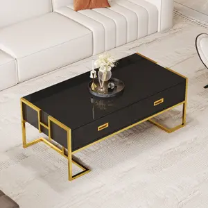 47.3" Modern Rectangle Coffee Table with 4 Drawers, Contemporary Luxury Faux Marble Top & Gold Metal Base, Large Storage Center Table for Living Room Reception Room Office, Black+Gold