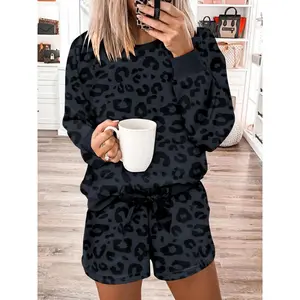 Women's All Over Leopard Print Bow Decor Lounge Set, Casual Striped Comfy Drop Shoulder Round Neck Sweatshirt & Elastic Waist Pocket Sweat Shorts, Ladies Sleepwear for All Seasons