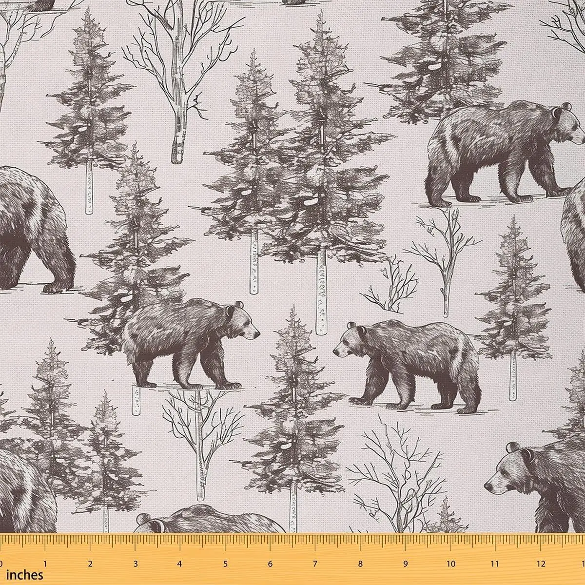 Brown Bear Decor,Hunting Bear Indoor Not Stretchy Decor,Wild Animal Wildlife Upholstery Fabric,Pine Trees Material Flannel Fabric,Vintage Farmhouse Art Fabrics