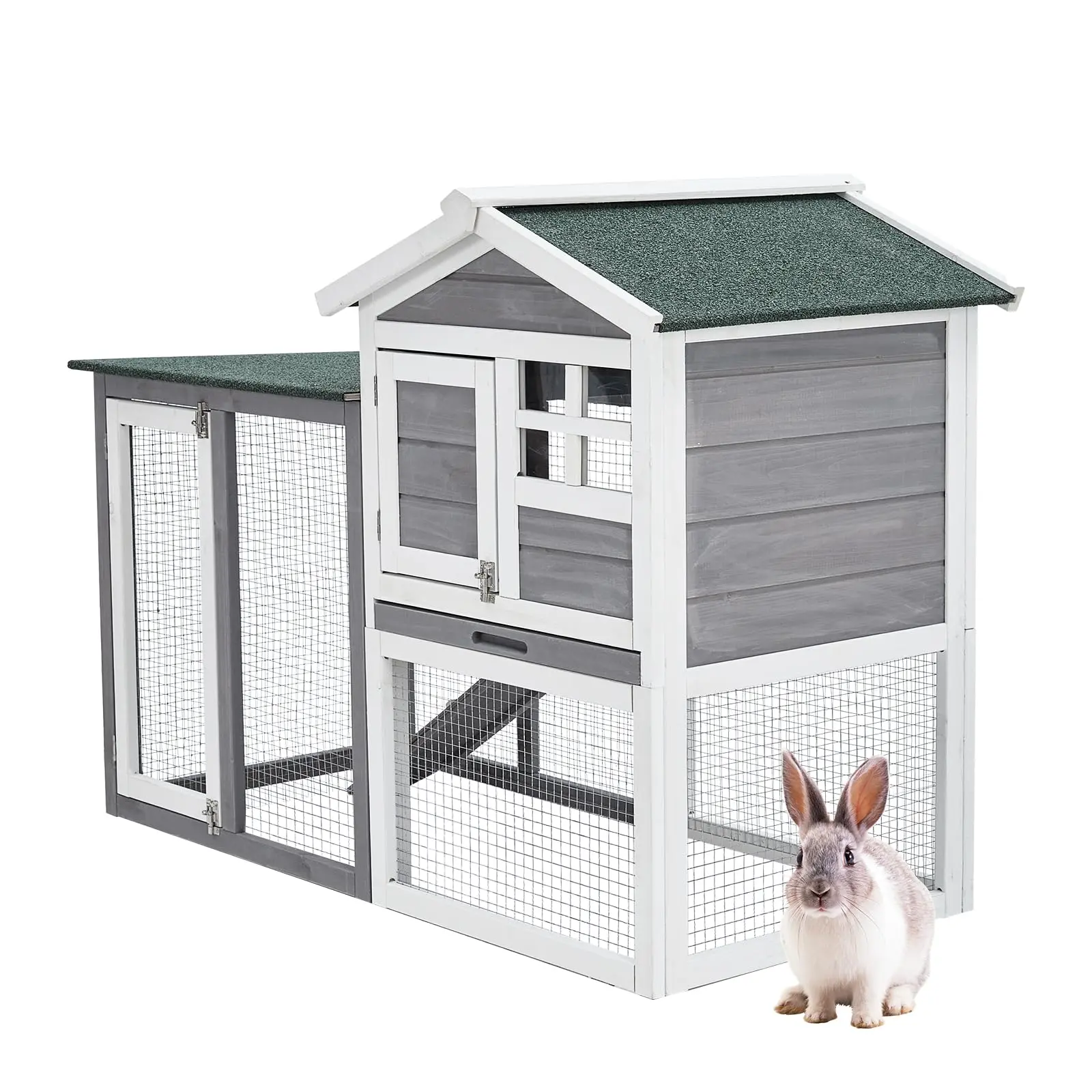 GAOMON 48in 2-Tier Wooden Duck Rabbit Cage with Playpen, Mesh, Ramp, Leak-Proof Tray, Waterproof Asphalt Roof, Green & White Indoor-Outdoor Pet House Furniture, Rabbit Playpen
