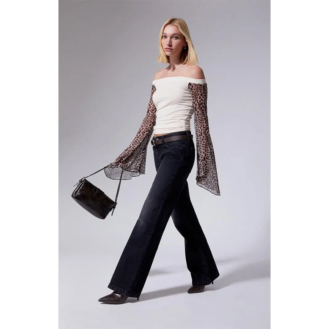 Third Charm Women's Off-The-Shoulder Leopard Sleeve Top