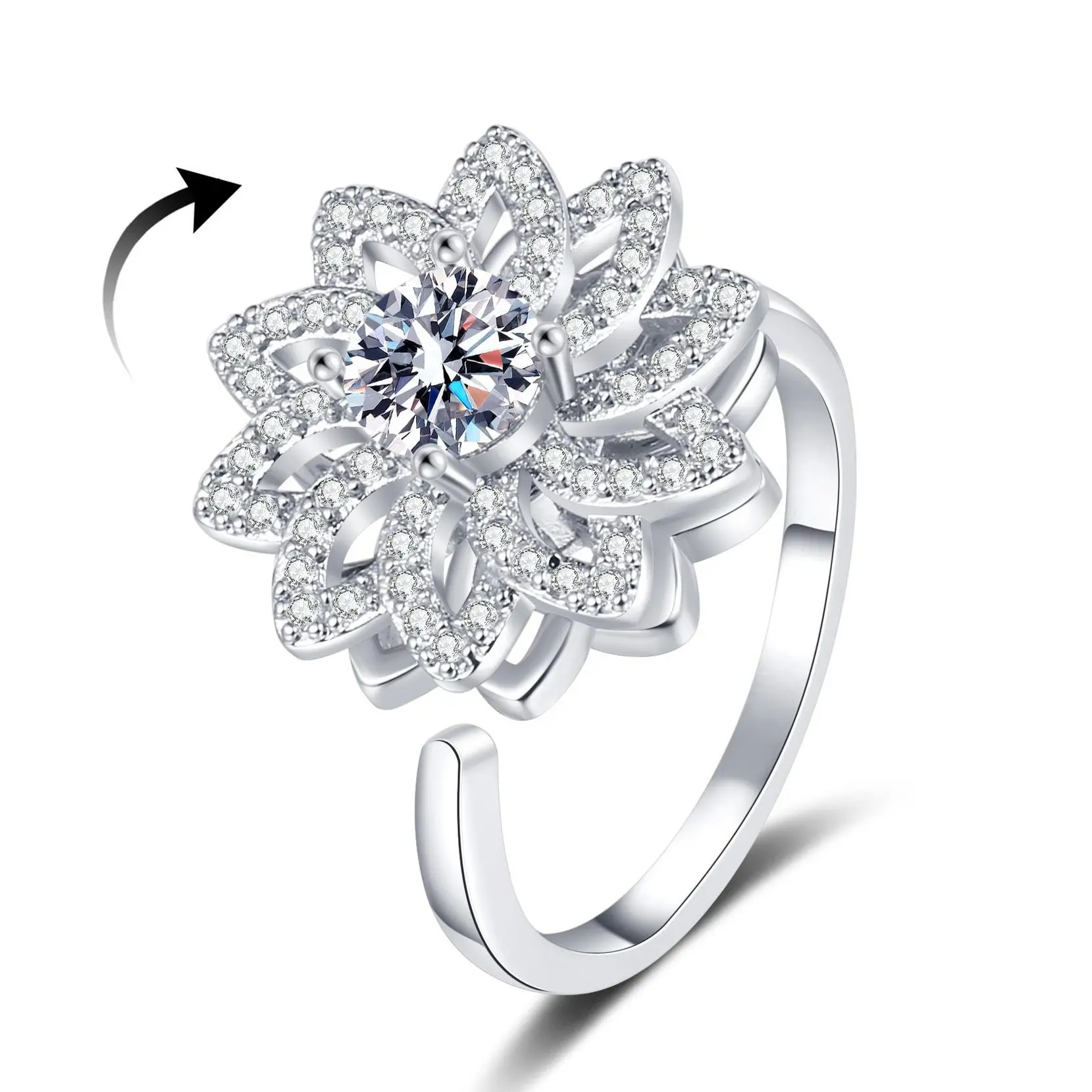 Female 5A Cubic Zirconia Floral Sunflower Spinner Ring - Daisy Accent Touch, Adjustable Size, Customized Elegant Stress-Relief Jewelry, Anxiety Relief, Daily Wear Costume Jewelry