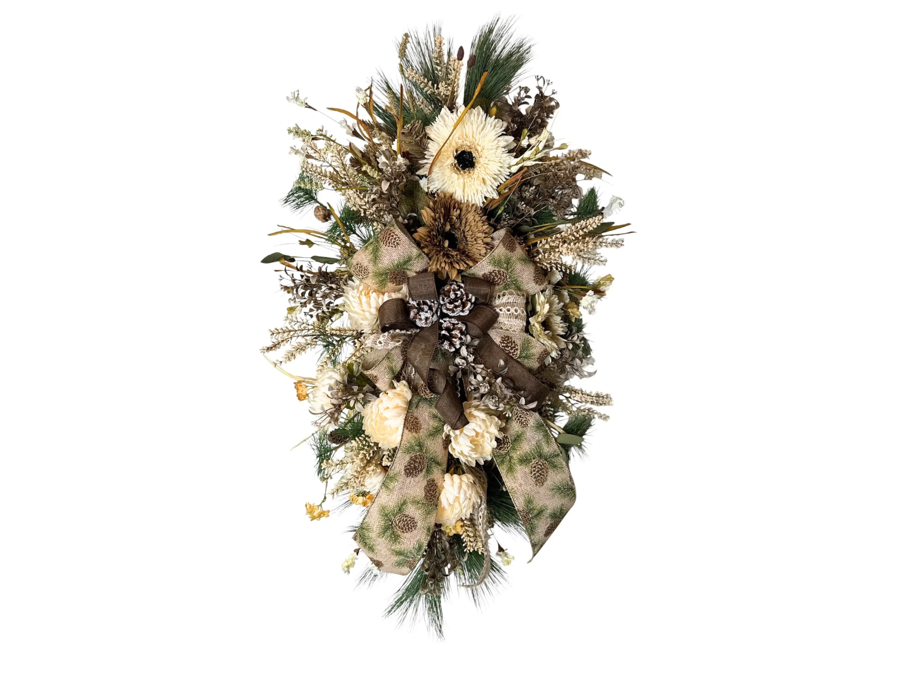 Rustic Fall Wreath, Rustic Pinecone Wreath Swag, Neutral Sola Flower Door Decor, Winter Farmhouse Wall Hanger, Holiday Greenery Wreath Vertical
