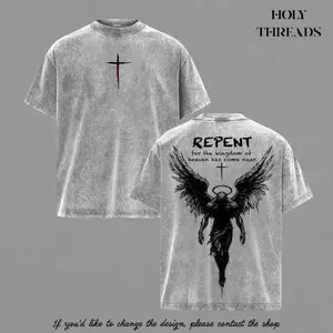 Holy Threads Repent Vintage Washed Oversized Christian T-Shirt, Angel Wings Faith Graphic Tee, “Kingdom of Heaven Has Come Near” Gospel Streetwear Top, Heavy Cotton Unisex Retro Worship Shirt