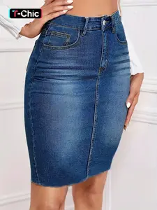 Women's  Plain  Button Pocket Denim High Waist Skirt, Fashion Casual Raw Hem Bodycon Skirt for Daily Outdoor Wear, Ladies Bottoms for Summer