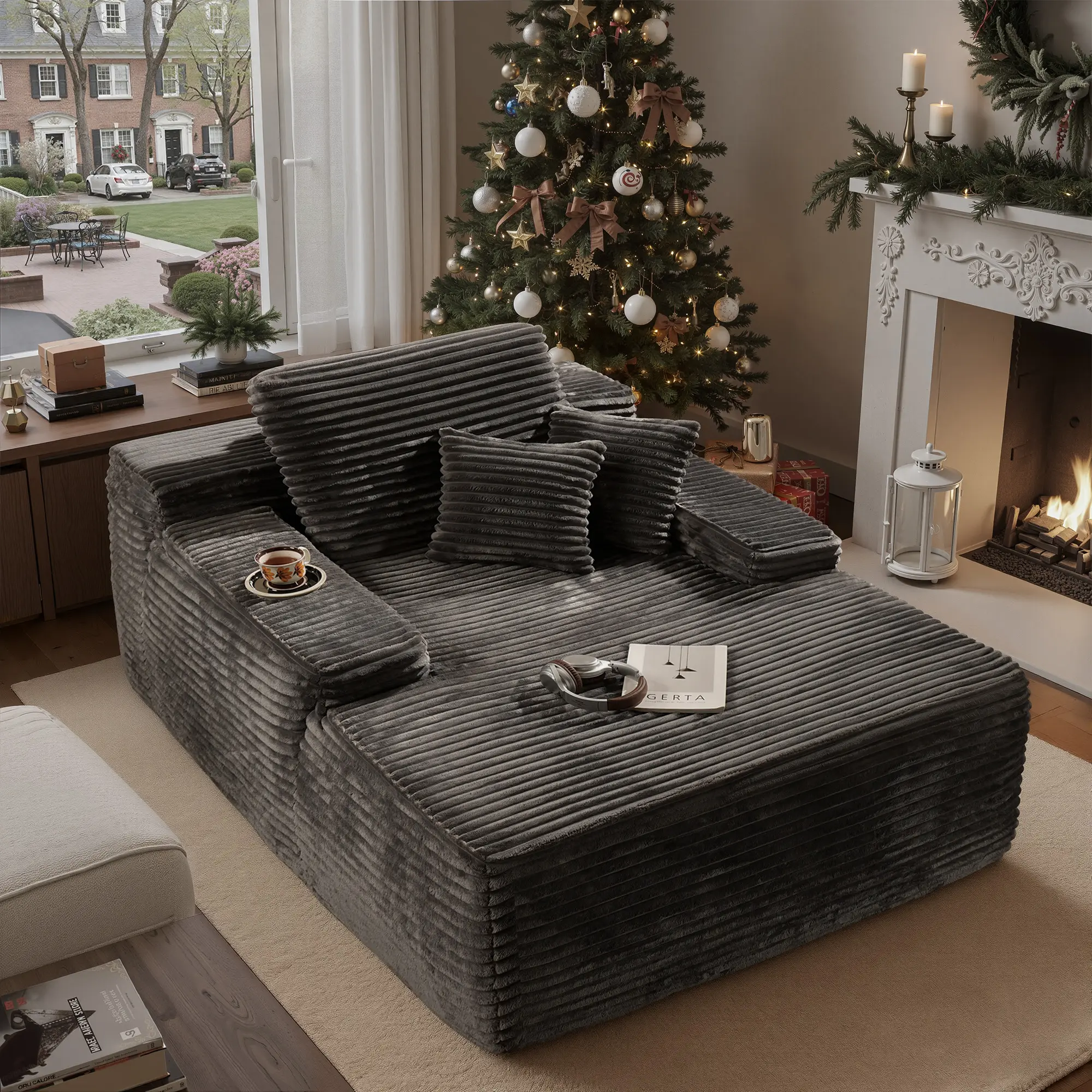 67“Single Chaise|Grey Plush Corduroy