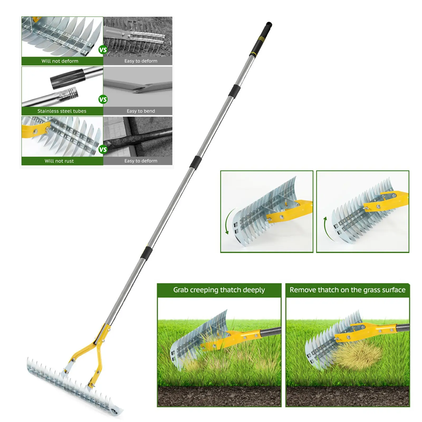Moss Rake 15 Inch Wide Lawn Moss Rake for Clearing Dead Grass, Stainless Steel Handle, Efficient Metal Lawn Grass Rake, 58.5 Inches Long, Garden Tools, Durable Gardening Tools