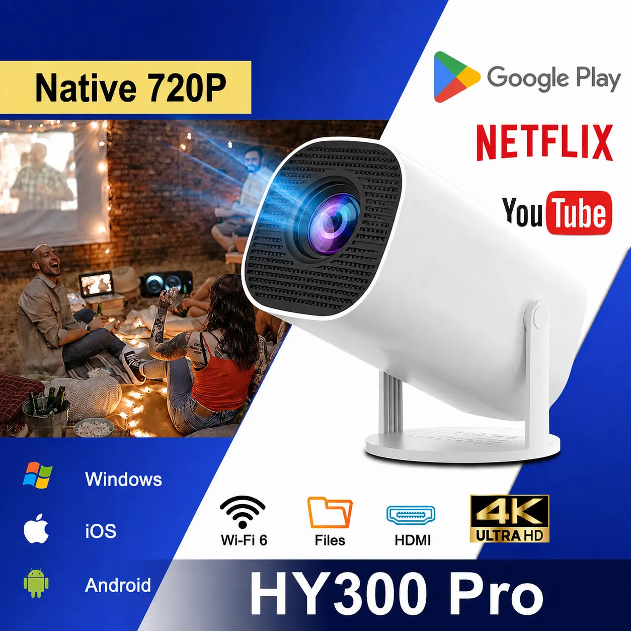 HY300 Pro Portable Smart Projector with 180° Rotating Stand 4K Ultra HD Decoding Android 13 Bluetooth 5.4, Dual-Band WiFi Wireless Screen Mirroring for iOS & Android #Home theater #US Warehouse