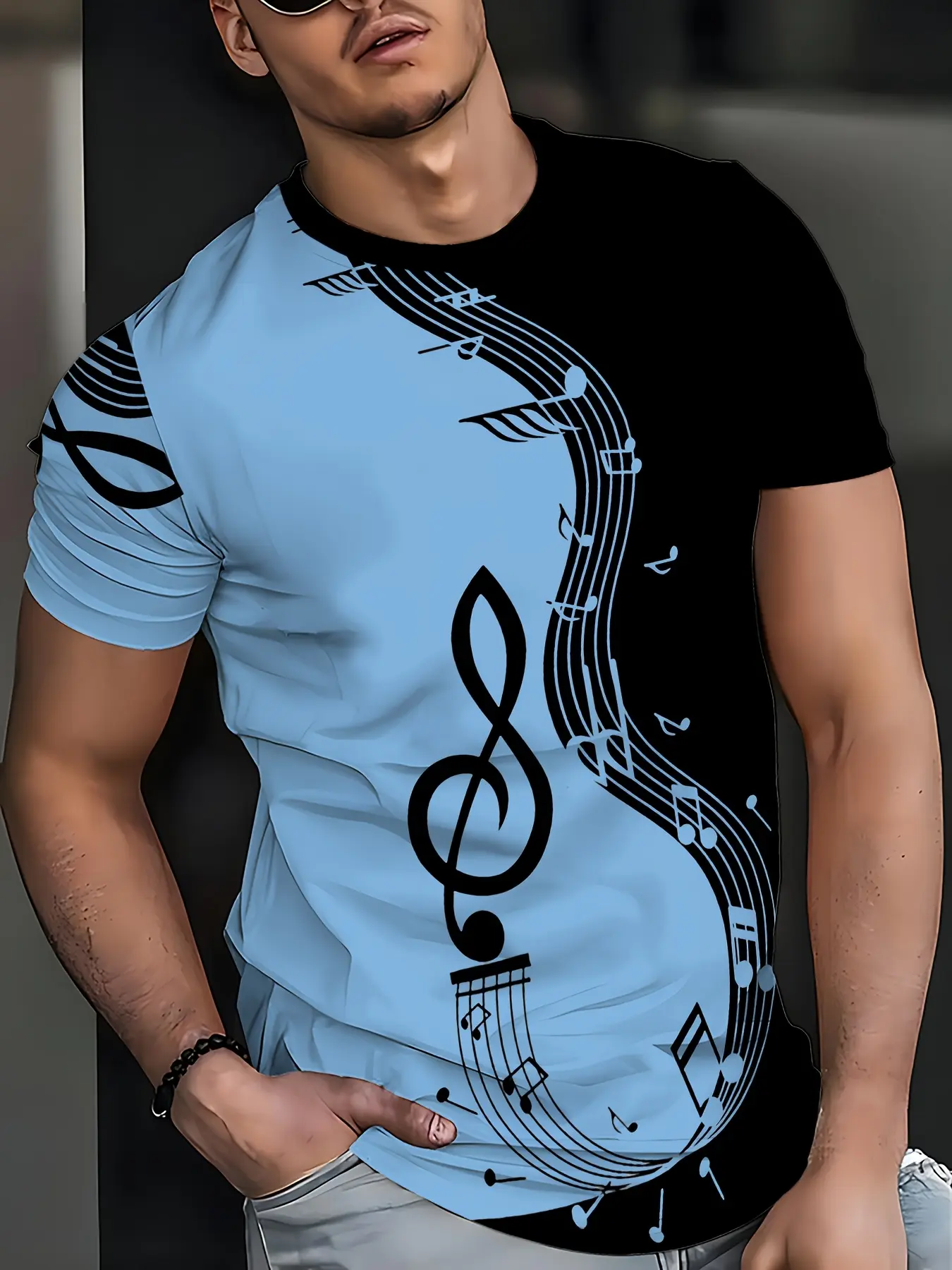 Men's summer casual round-neck T-shirt, 3D printed music symbols and piano patterns, short-sleeve polyester knit fabric top, slightly elastic, Fitted, suitable for hiking, running and training, active lifestyle shirt, Outdoor, Menswear