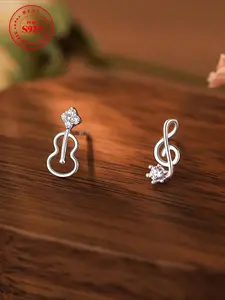 925 Sterling Silver Cute Guitar Note Design Earrings, Fashionable Rhinestone Decor Earrings for Women & Girls, Trendy All-match & Exquisite Jewelry for Birthday Gift, Stud Earring Jewelry, Pretty Studs