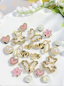 18pcs Platinum Letter Butterfly Heart Flower Bling Shoe Charms, Cute DIY Decoration Accessories for Women's Shoes Sandals Slippers