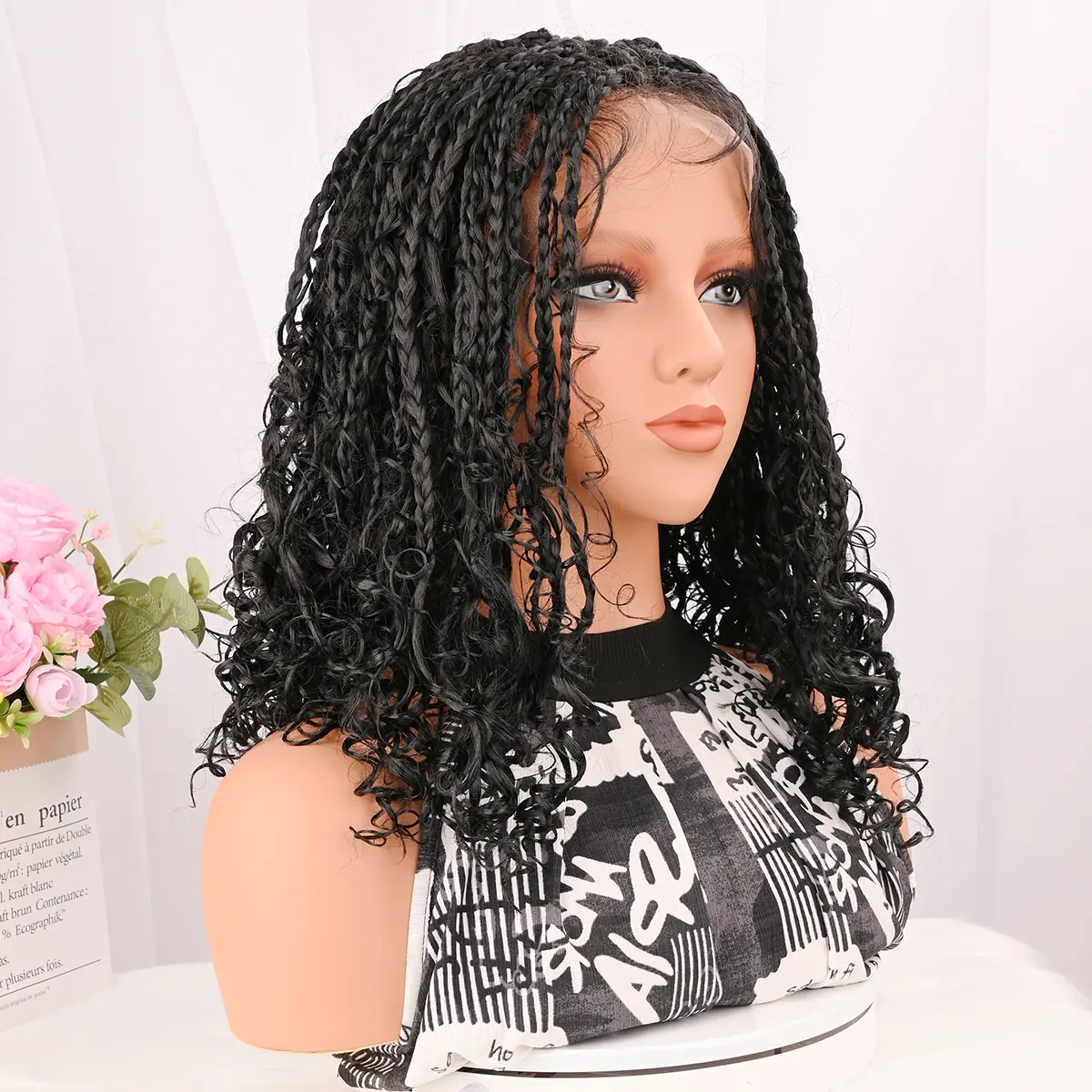 30-Inch Synthetic Full Lace Wig with Curly Ends, Glueless, Bohemian Style Boho Braids Curly Bob Wig Human Hair & Synthetic Hair main image 4