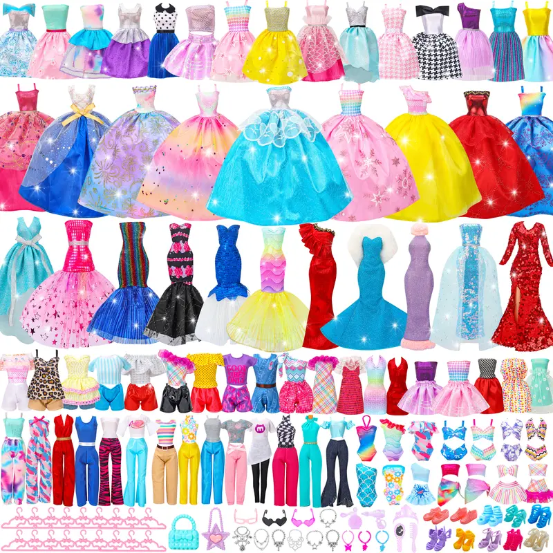 BPA-Free 110-Pc Doll Clothing Set & 20 Accessory Mix for 11.5in Dolls - 4 Wedding Gowns, 2 Evening Dresses, 8 Modern Dresses, 6 Casual Top-Pant Sets, 2 Swimsuits, 18 Hangers, 10 Shoes, 20 Toys, for 3-4 Years Girls' Creative Play, Birthday/Christmas Gifts