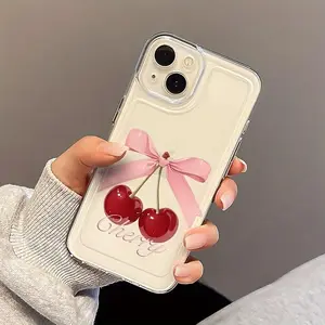 Cherry & Bowknot Pattern Phone Case, Decorative Phone Protector Cover, Phone Accessories Compatible with iPhone 11 12 13 14 15 16 Pro Max/Pro/Plus