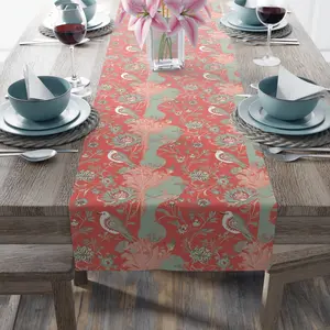 Chinoiserie Botanical Floral Coral, Mint Green Bohemian Floral Table Runner