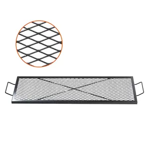 X-Marks Fire Pit Grill Grate: Rectangle Cooking Grate, Heavy-Duty Steel Campfire BBQ Grid With Handle And Support Wires, Portable Outdoor Cooking Accessory For Camping, Parties, And Backyard Grilling, 44-Inch Black