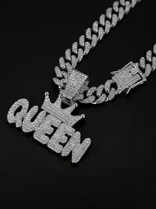 Queen Letter Pendant Necklace, Alloy Chain Jewelry, Street Style Art Culture Accessory, Hip Hop Trendy Personalized Gift, Cuban Link Chain
