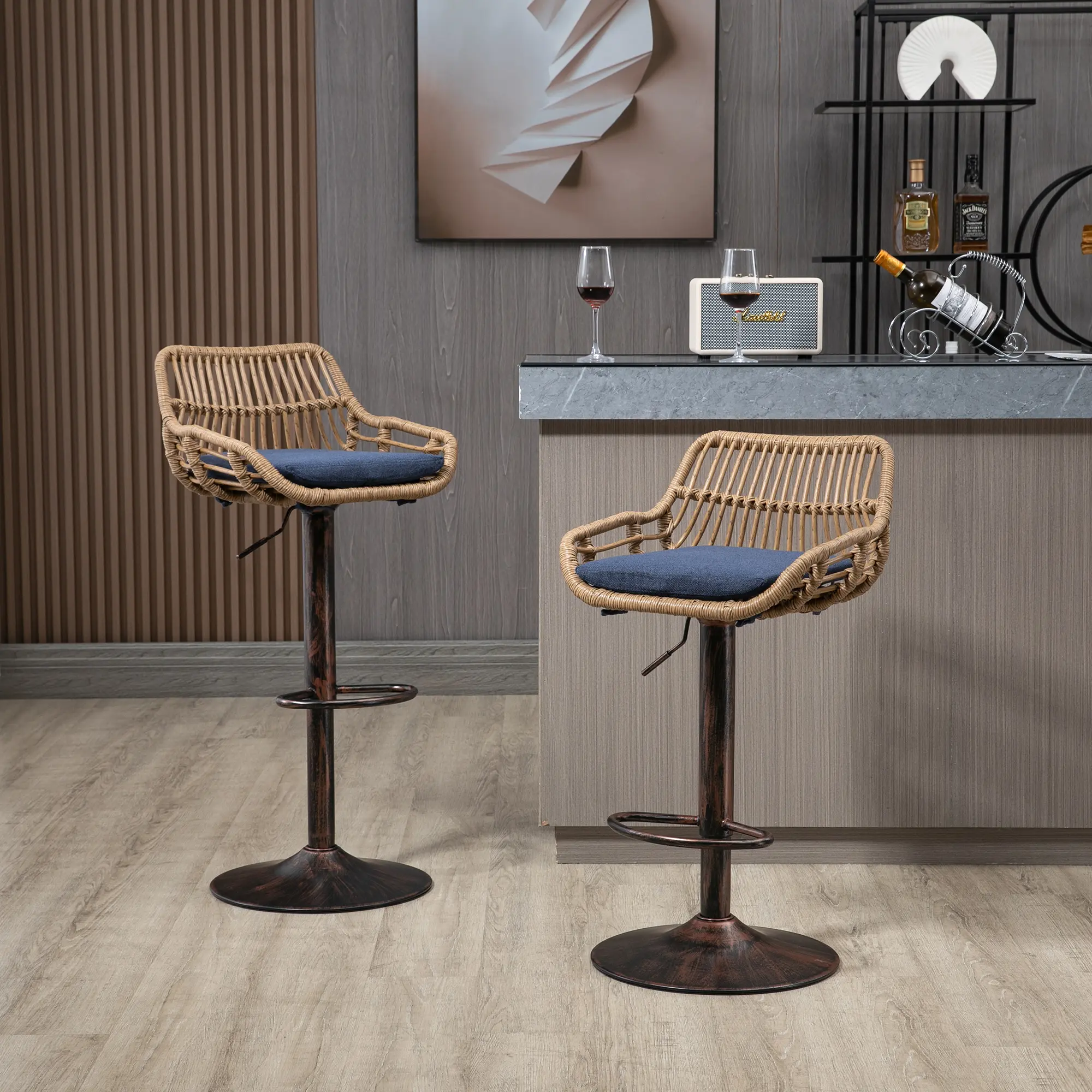 Set of 2 Modern Green Rattan Swivel Dining Chairs - Armless Adjustable Height Counter Stools with Fixed Back, Footrest, Sturdy Metal Base, 250lbs Load Capacity for Kitchen Bar