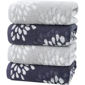 Hand Towels Set of 4 Hydrangea Floral Pattern 100% Cotton Absorbent Soft Decorative Towel for Bathroom Light Grey & Denim Blue