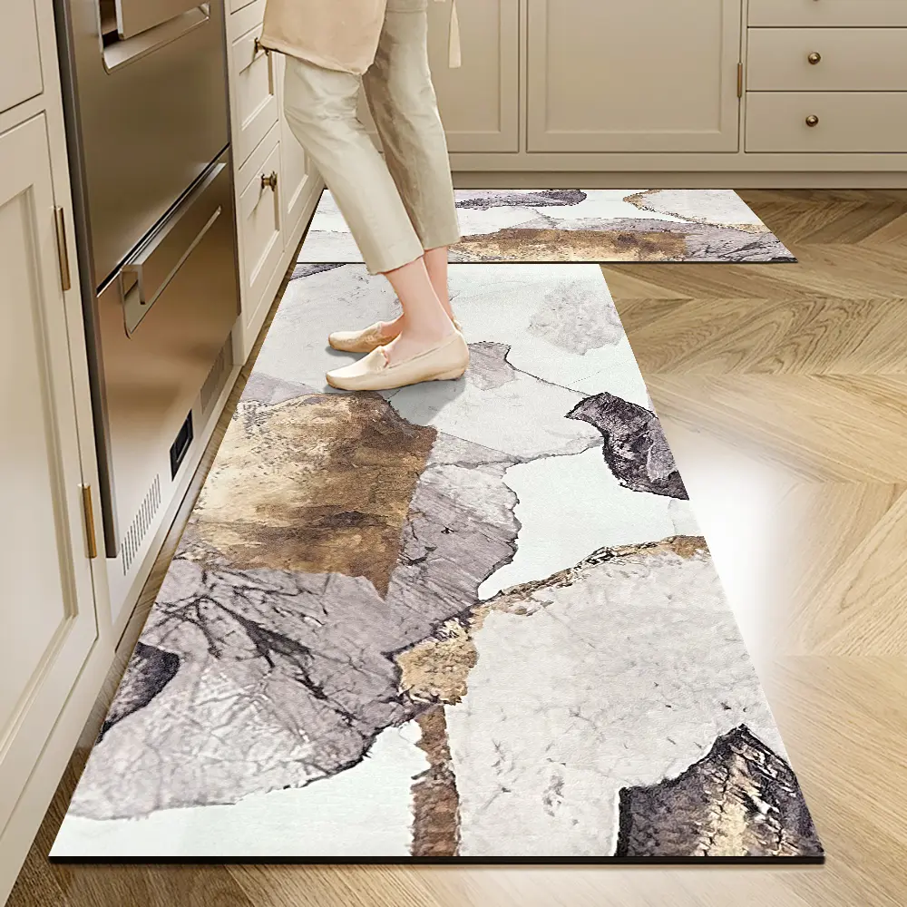 Homary Modern Golden 2-Piece Kitchen Runner Mats Set - Flat Weave PVC, Anti-Slip, Stain-Resistant, No Floating Hair, Durable Abstract Home Decor Kitchen Area Rug Floor Coverings, Two Piece Set
